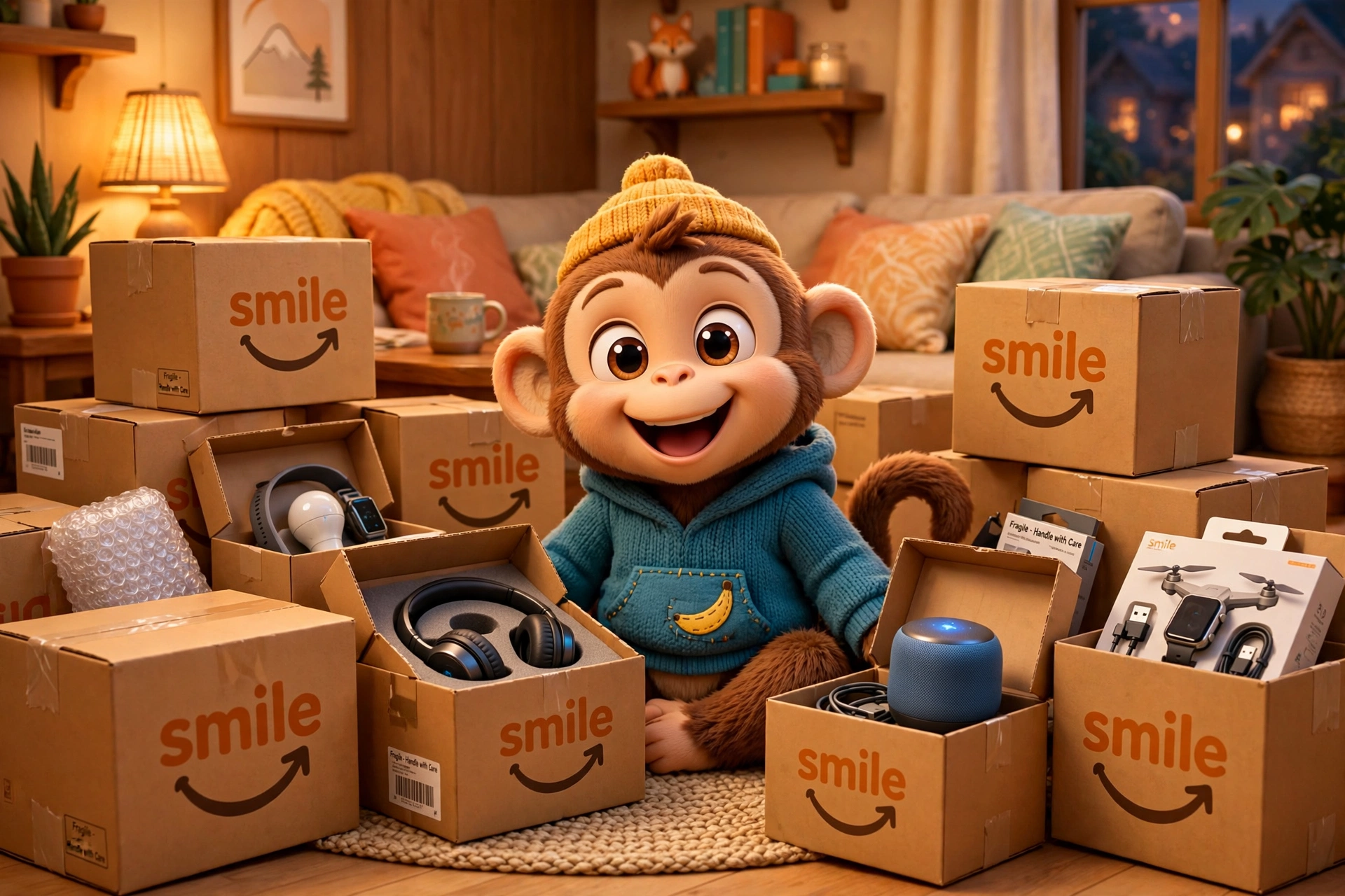 Monito rodeado de cajas de Amazon con ofertas